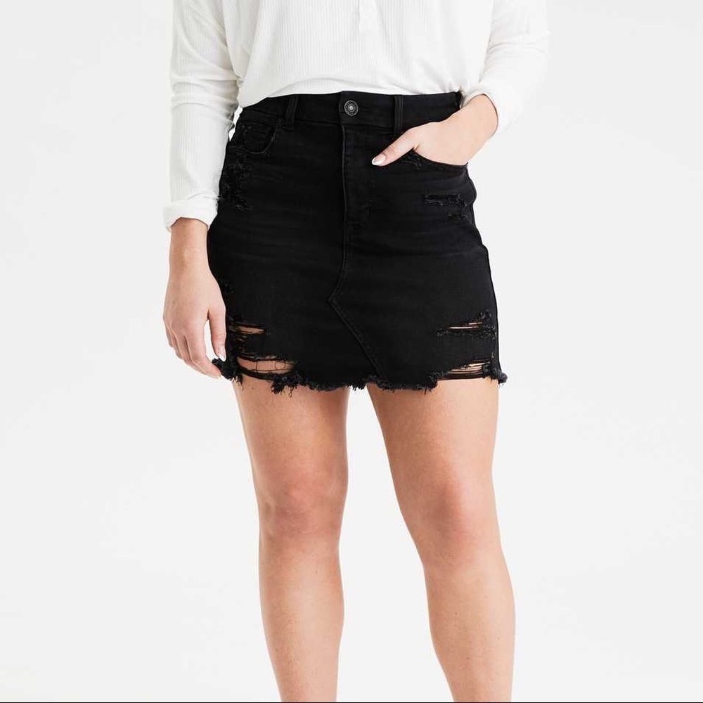 🌿Final Sale American Eagle Curvy Hi Rise Mini Black Denim Jean Skirt‎